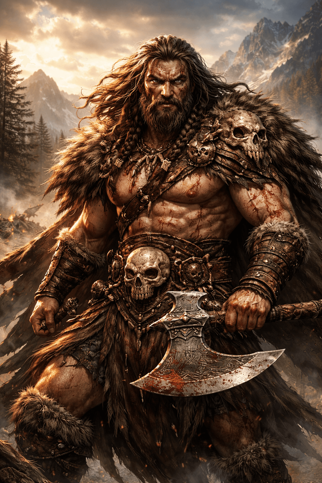 Barbarian warrior standing in a mountainous fantasy landscape