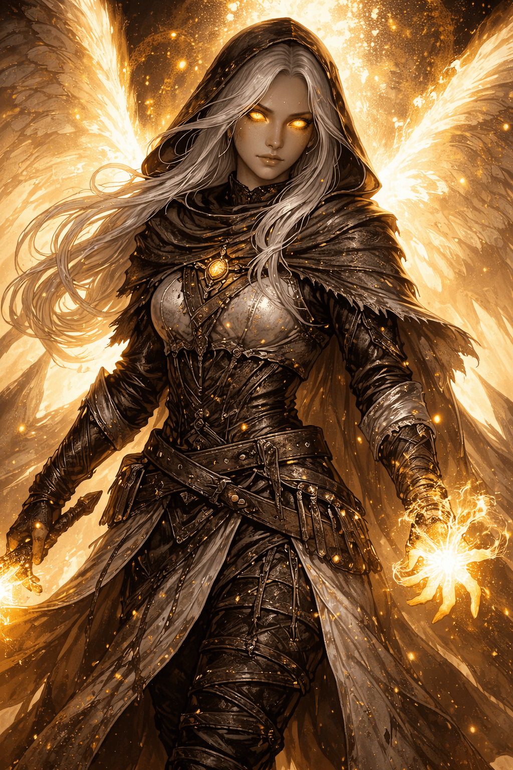 Aasimar holding a radiant golden sword