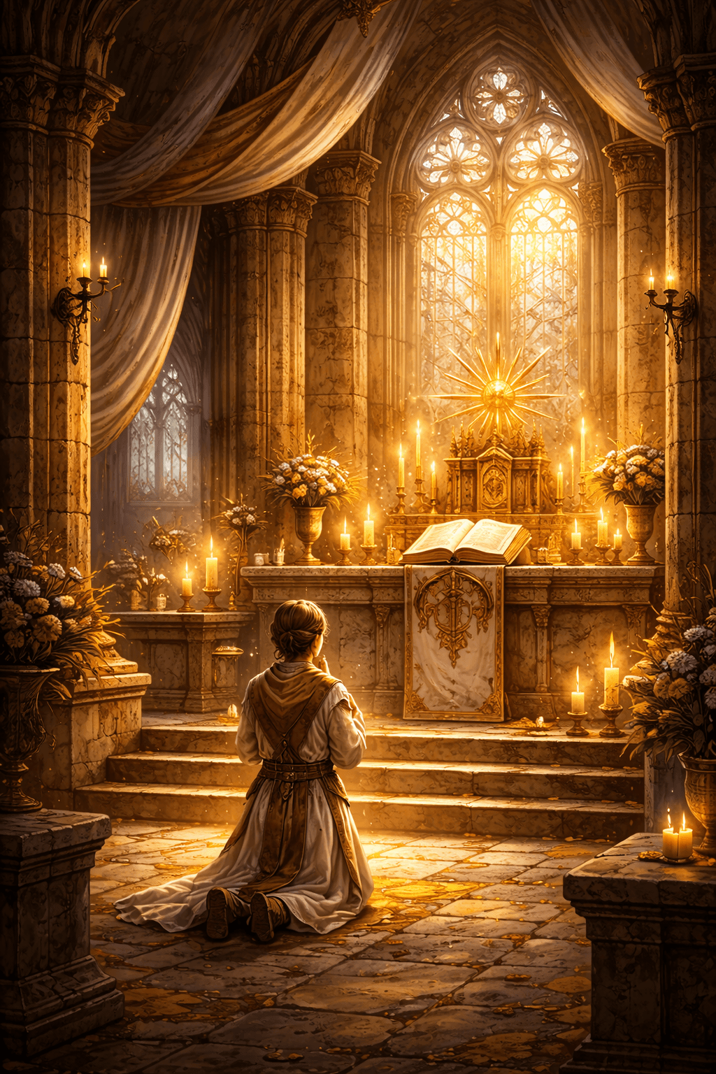 Ancient temple illuminated by candles for the Acolyte background